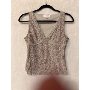 Pink Rose Leopard Print Mesh Lace Trim V-Neck Tank Top Small 5K15582